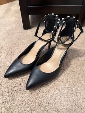 Banana Republic Black Pointed-Toe Pearl Ankle-Strap Heels